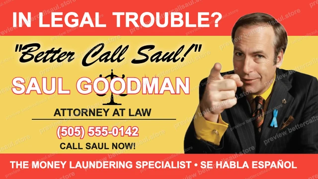 Better Call Saul business card sample — Saul Goodman, Attorney at Law card made with this free generator