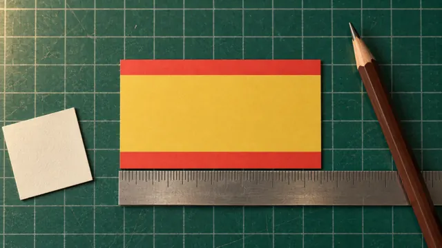 A gold and red business card on a cutting mat next to a steel ruler and a pencil
